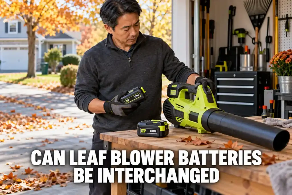 Can Leaf Blower Batteries Be Interchanged: A man wearing a dark quarter-zip top examines a removable battery beside a bright green cordless leaf blower on a garage workbench.