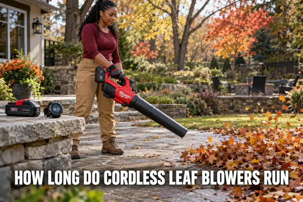 How Long Do Cordless Leaf Blowers Run: A woman in a burgundy long-sleeve shirt uses a red Milwaukee cordless leaf blower on a stone patio, with a spare battery and timer nearby.