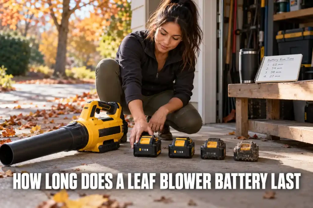 How Long Does a Leaf Blower Battery Last: A woman kneels beside a yellow cordless leaf blower and a row of rechargeable batteries near an open garage during an autumn runtime test.