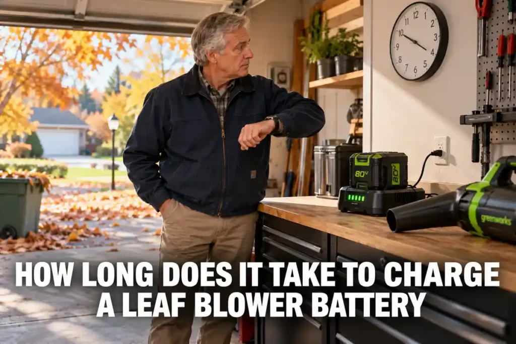 How Long Does It Take to Charge a Leaf Blower Battery: A gray-haired man checks his watch beside a Greenworks battery charging on a workbench in an organized garage.