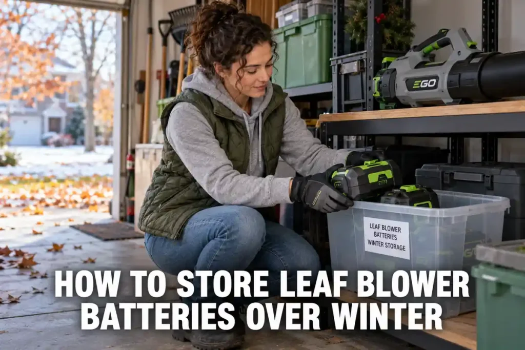 How to Store Leaf Blower Batteries Over Winter: A woman in a gray hoodie and green vest places cordless leaf blower batteries into a labeled clear storage box on a garage shelf as snow shows outside.
