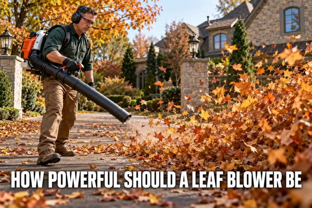 How Powerful Should a Leaf Blower Be: Man wearing hearing protection uses an orange backpack leaf blower to move a heavy pile of autumn leaves across a wide paved driveway.