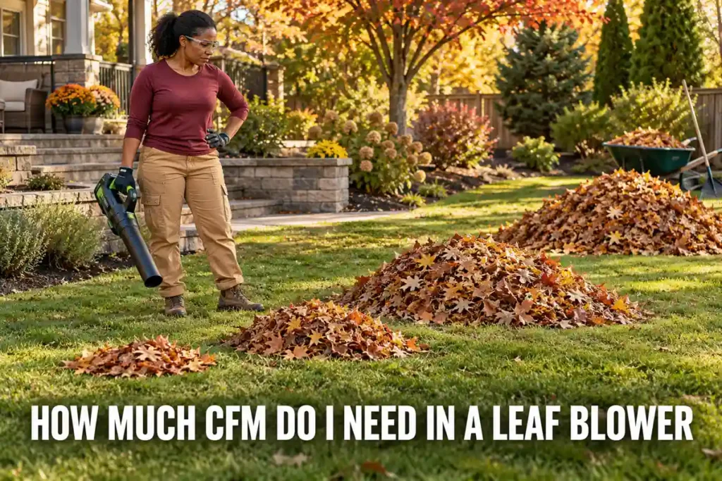 How Much CFM Do I Need in a Leaf Blower: Woman holding a green cordless leaf blower examines several leaf piles of different sizes in a landscaped backyard.