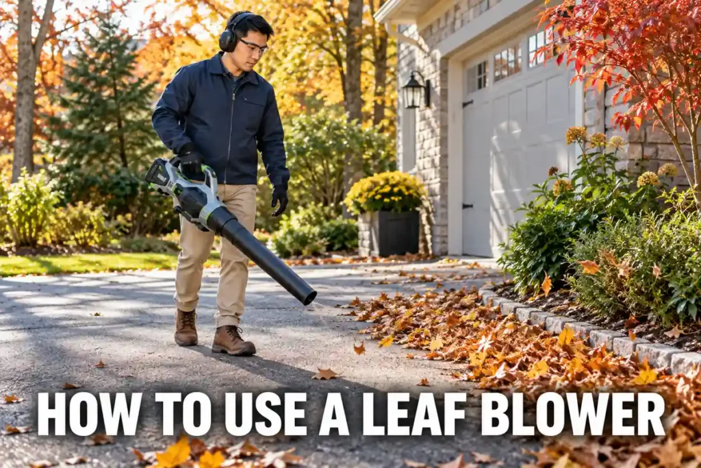 How to Use a Leaf Blower: Man in a navy work jacket operates a cordless leaf blower to direct fallen autumn leaves along a residential driveway.