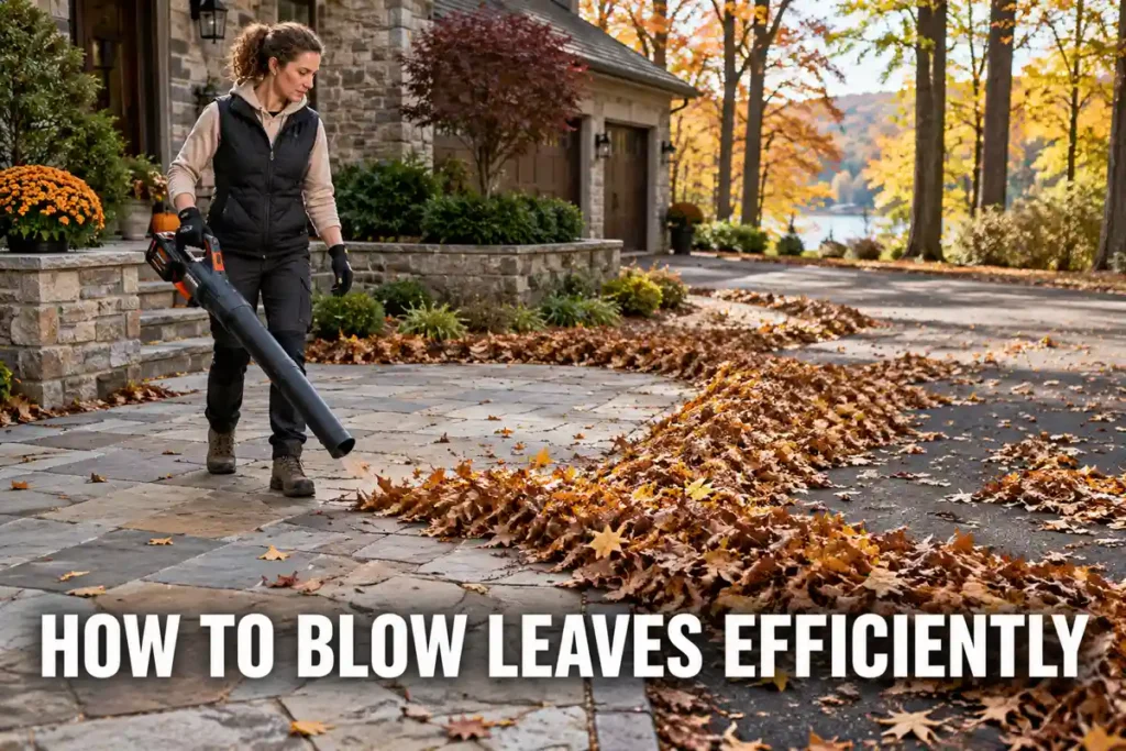 How to Blow Leaves Efficiently: Woman uses a handheld leaf blower to guide fallen leaves into a long organized row on a stone driveway.