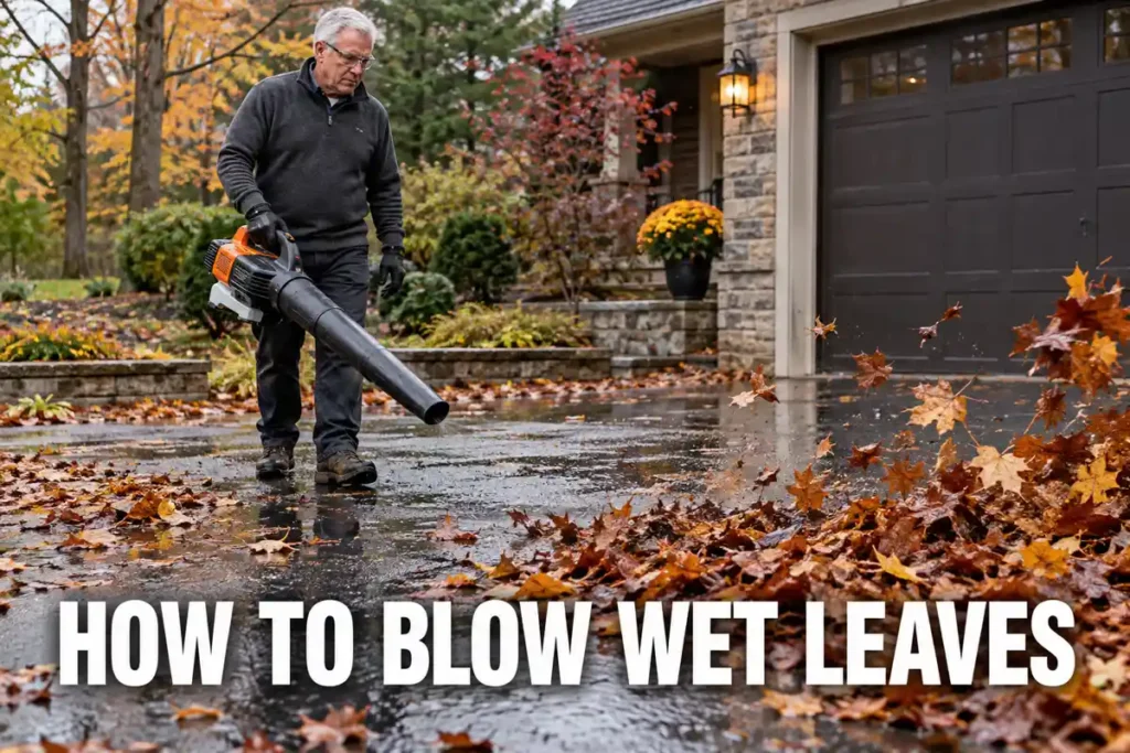 How to Blow Wet Leaves: Older man uses a handheld leaf blower to move damp fallen leaves across a wet driveway after rainfall.