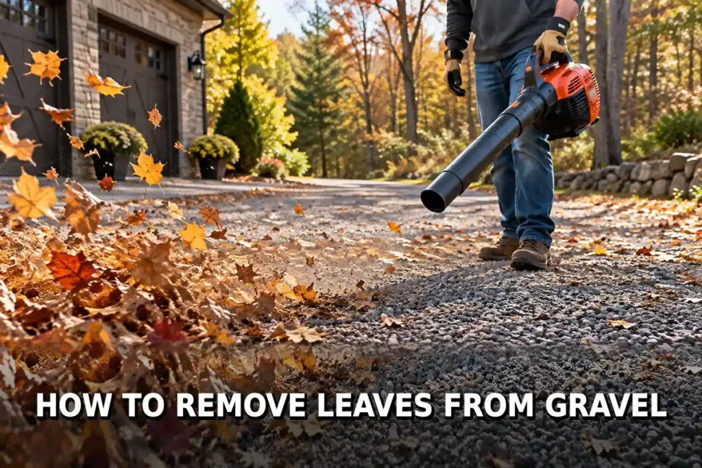 How to Remove Leaves From Gravel: Close-up of a person directing fallen autumn leaves off a gravel driveway using an orange handheld leaf blower near a landscaped home. Adapted from the earlier gravel-driveway featured photograph.