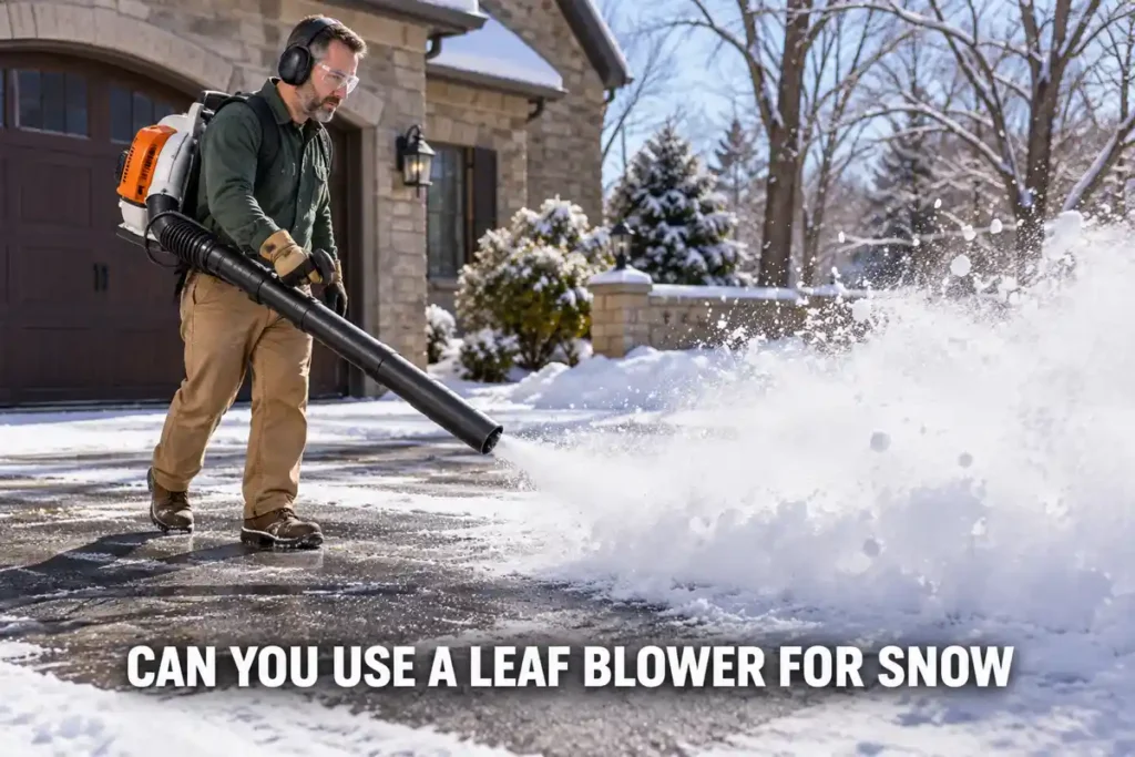 Can You Use a Leaf Blower for Snow: Man wearing hearing protection operates an orange backpack leaf blower to clear light snow from a residential driveway on a bright winter day.