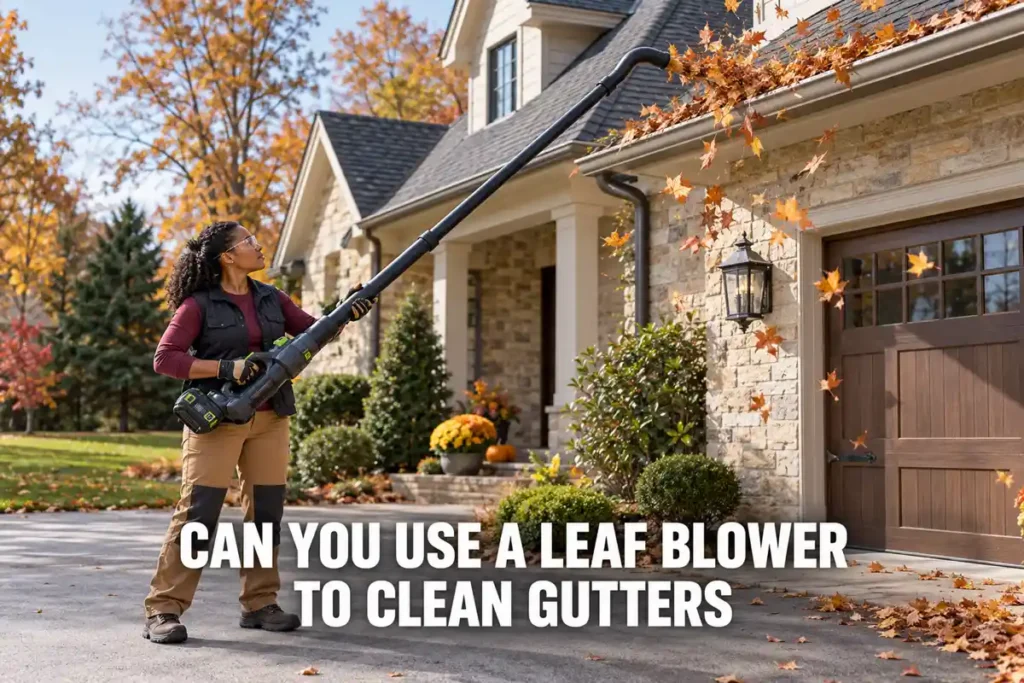 Can You Use a Leaf Blower to Clean Gutters: Woman wearing protective glasses uses a cordless leaf blower with a long curved extension tube to remove fallen leaves from roof gutters.