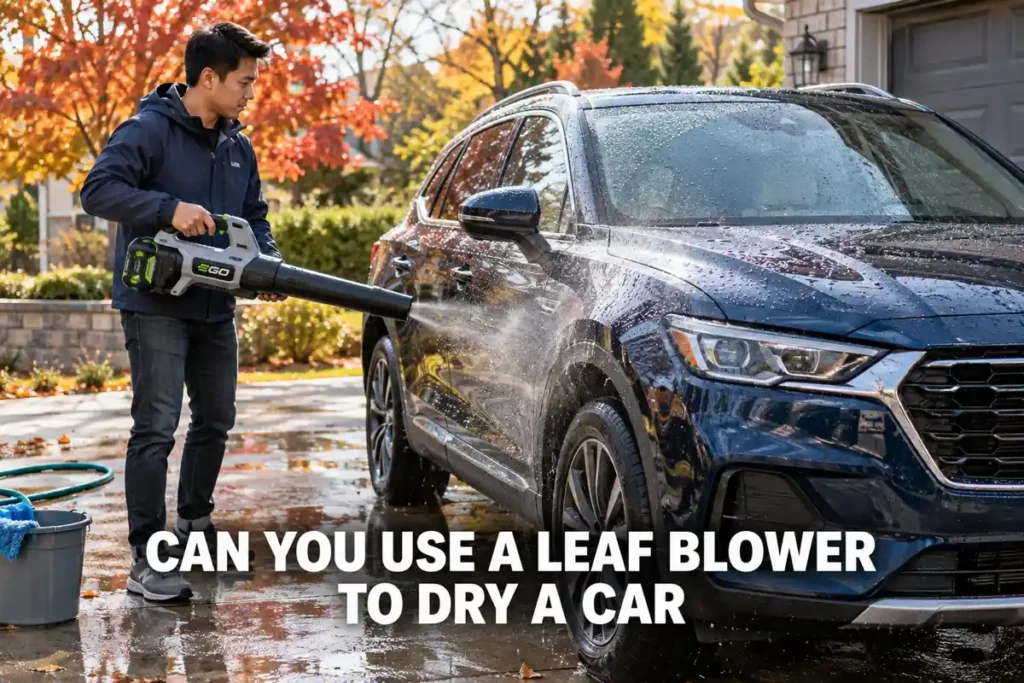Can You Use a Leaf Blower to Dry a Car: Man uses a handheld cordless leaf blower to clear water droplets from a dark blue SUV after washing it on a driveway.