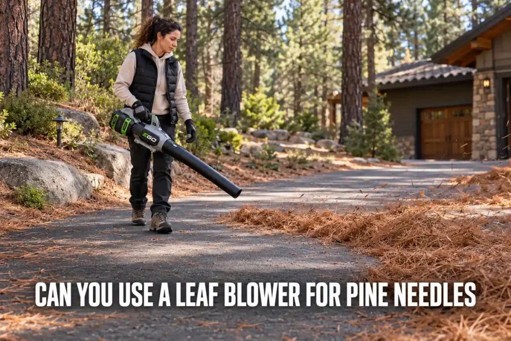 Can You Use a Leaf Blower for Pine Needles: Woman uses an EGO cordless leaf blower to move dry pine needles across a driveway surrounded by tall pine trees.