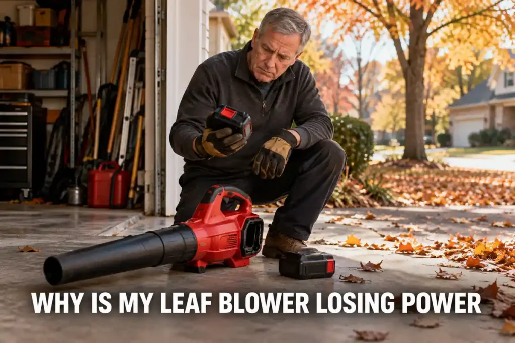 Why Is My Leaf Blower Losing Power: Older homeowner kneels beside a red cordless leaf blower in an open garage and examines its removable battery while troubleshooting a loss of power.