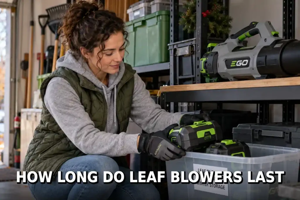 How Long Do Leaf Blowers Last: Woman wearing work gloves checks a battery beside an EGO cordless leaf blower on a garage storage shelf, illustrating routine care that can extend equipment lifespan.