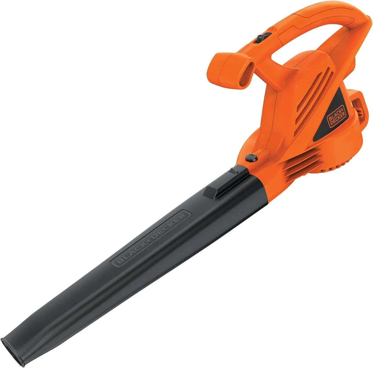 BLACK+DECKER LB700 7-amp corded leaf blower with orange housing and long black nozzle