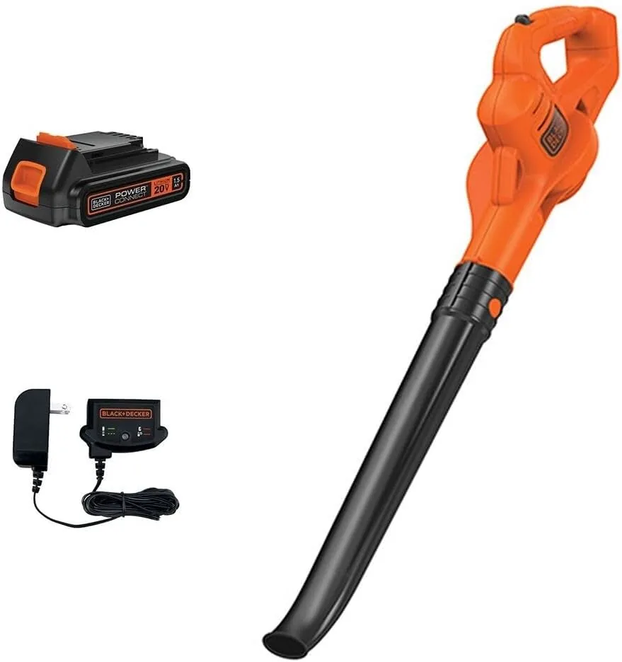 BLACK+DECKER LSW221 orange cordless sweeper with 20V battery and plug-in charger laid out beside it
