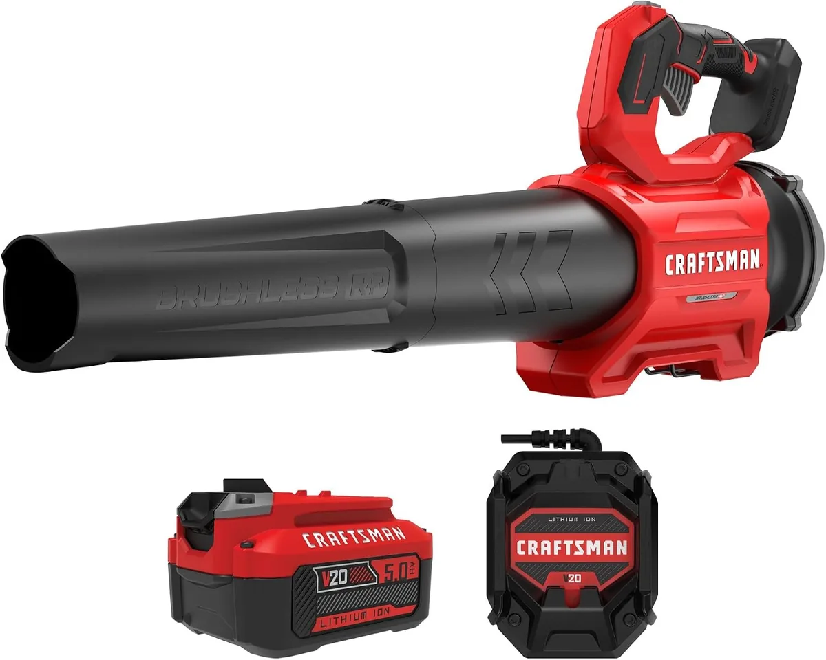 CRAFTSMAN V20 CMCBL730P1 red and black leaf blower with its V20 battery and charger