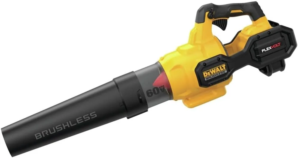 DEWALT DCBL772B 60V MAX FLEXVOLT brushless blower in yellow with a long black nozzle