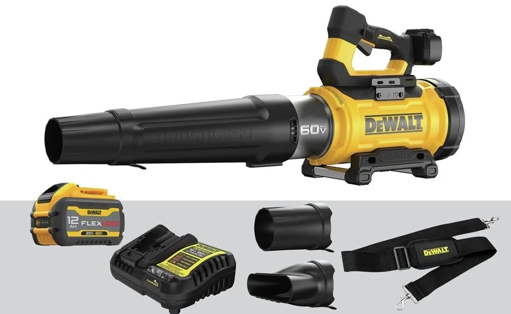 DEWALT DCBL777Y1 60V MAX FLEXVOLT blower with 12 Ah battery, charger, two nozzles and shoulder strap