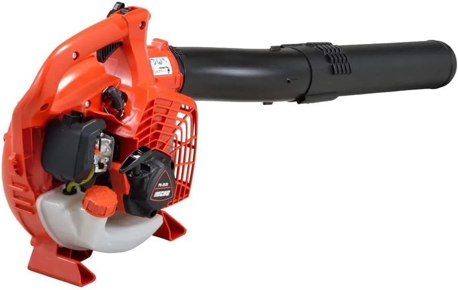 ECHO PB-2520 gas handheld leaf blower in red and orange with a black nozzle and clear fuel tank