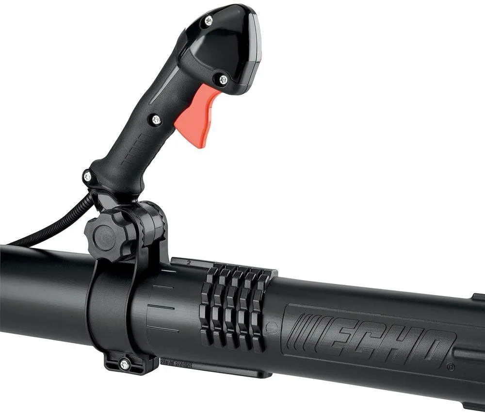 Tube-mounted throttle trigger and ribbed clamp on the black tube of the ECHO PB-580T backpack blower