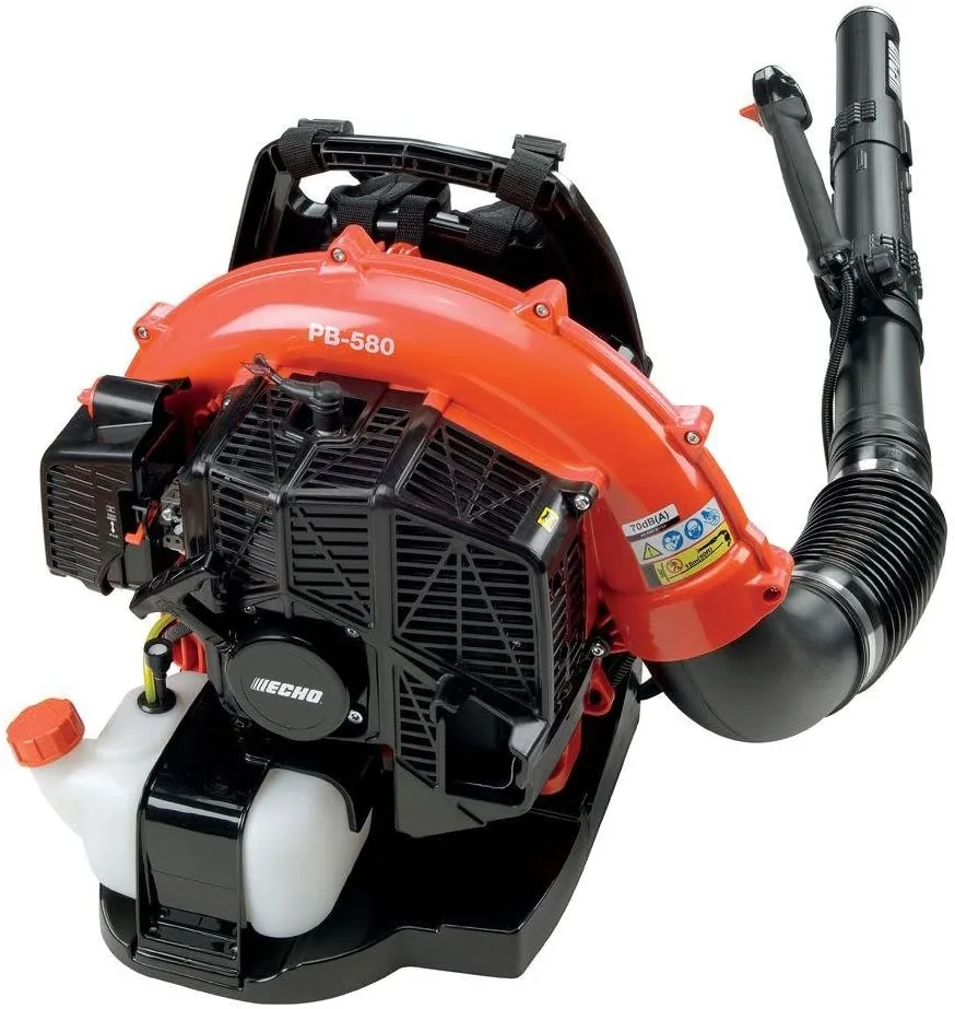 ECHO PB-580T orange and black backpack blower with a tube-mounted throttle, seen from the engine side