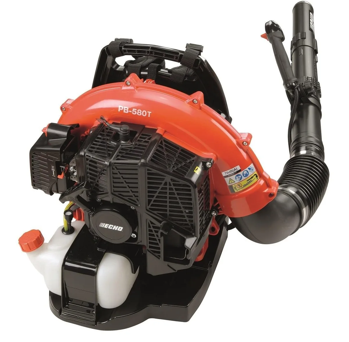 ECHO PB-580T gas backpack leaf blower with orange fan housing and black tube on a white background
