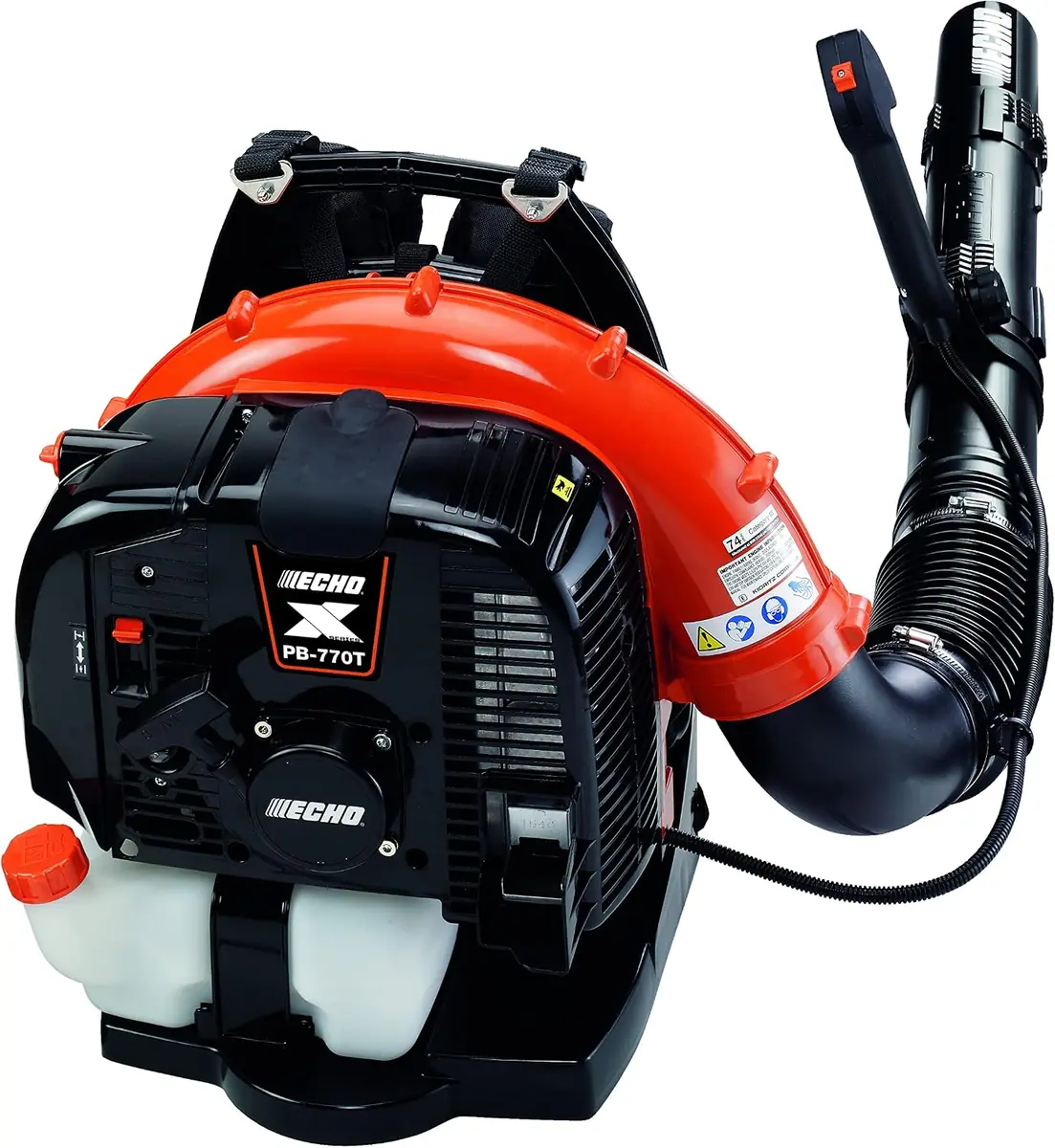 ECHO PB-770T gas backpack leaf blower with orange fan housing and black tube-mounted throttle