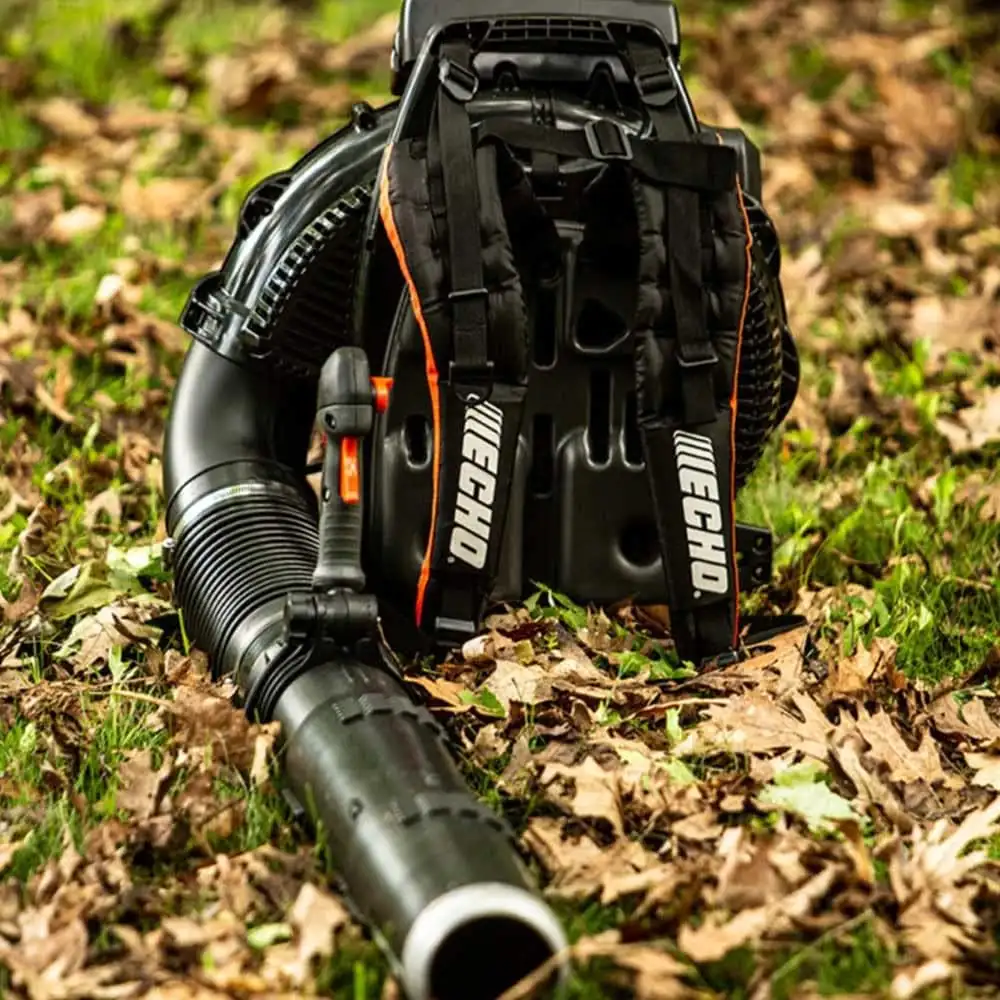 Back of the ECHO PB-9010T backpack blower showing the padded harness straps lying on dry leaves