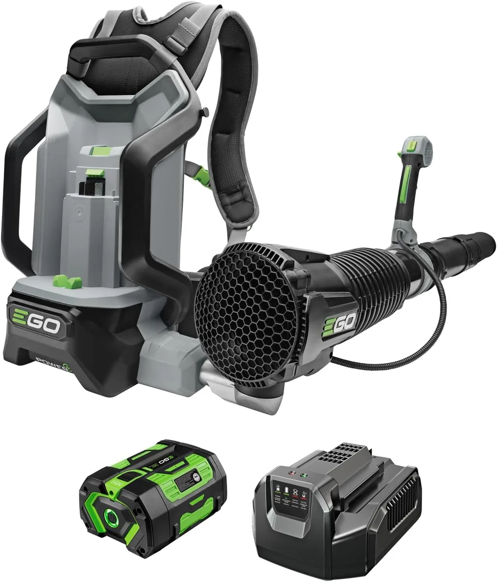 EGO POWER+ LB6003 backpack blower in grey and green with its 56V battery and charger below it