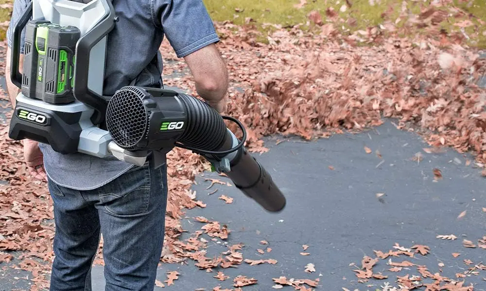 Man seen from behind wearing the EGO backpack blower and sweeping a drift of oak leaves off a driveway