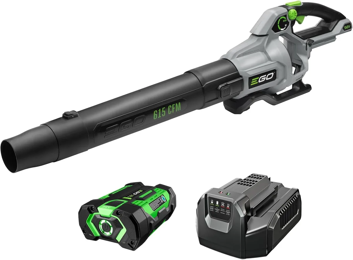 EGO LB6151 cordless leaf blower kit with a 56V battery and charger beside the tool