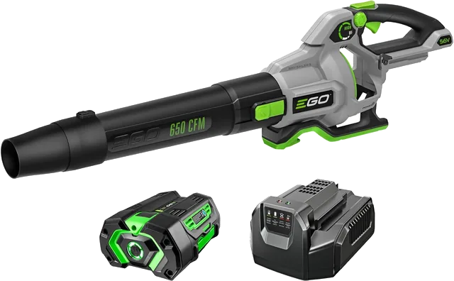 EGO POWER+ LB6504 650 CFM cordless leaf blower with its 5.0 Ah battery and charger