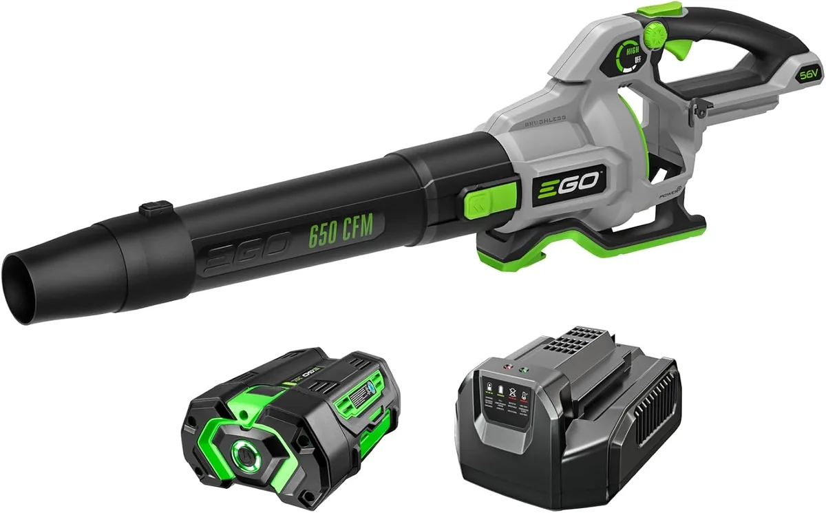 EGO POWER+ LB6504 650 CFM cordless leaf blower with its 5.0 Ah battery and charger on a white background