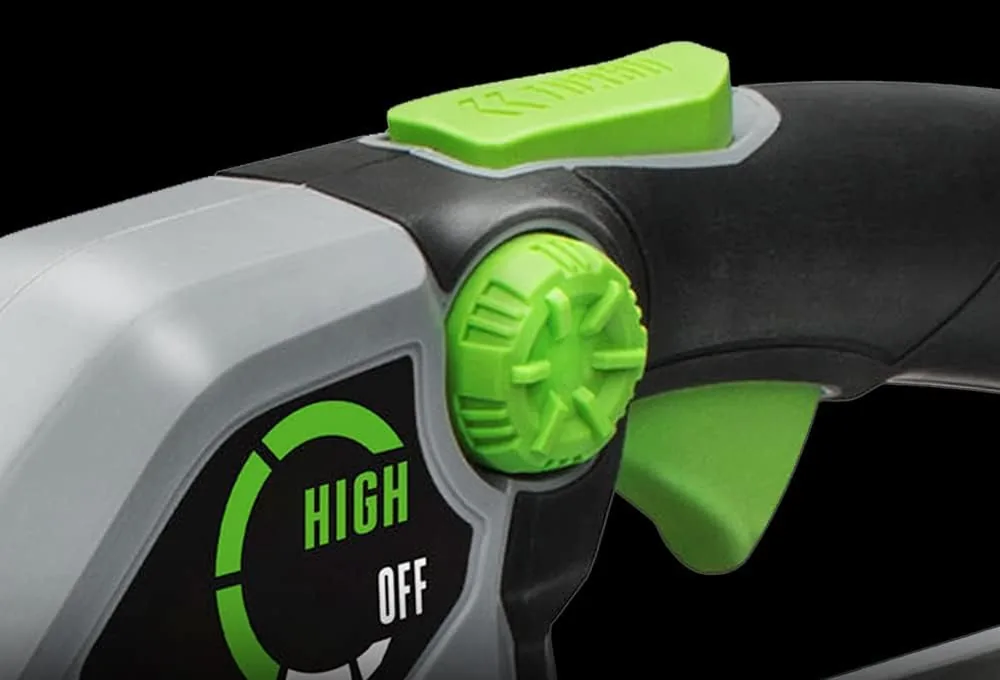 Variable speed dial and turbo button on the handle of the EGO LB6703 leaf blower
