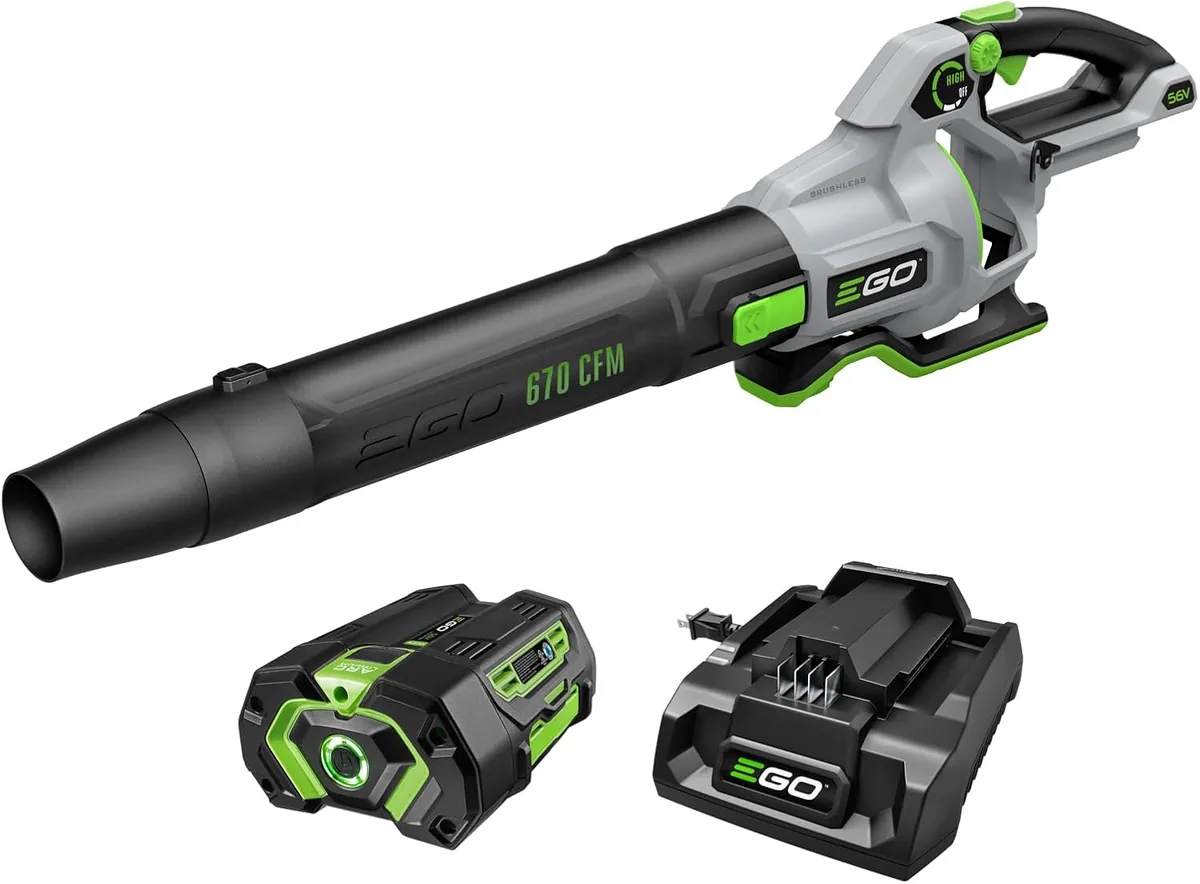 EGO POWER+ LB6703 670 CFM cordless leaf blower with its 4.0 Ah battery and charger on a white background