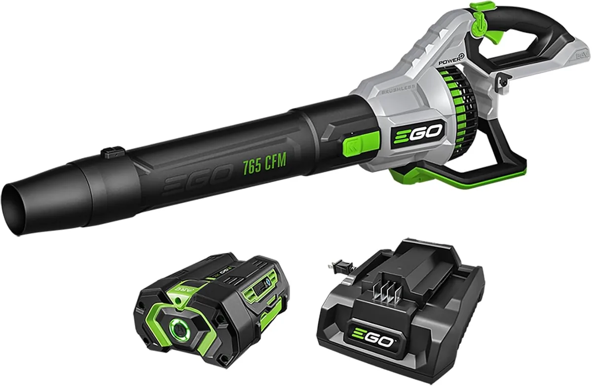 EGO POWER+ LB7654 cordless leaf blower with battery and charger on a white background