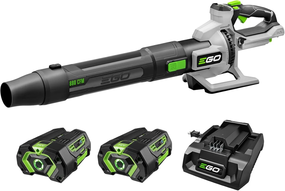 EGO POWER+ LB8803-2 leaf blower kit with two batteries and a charger on a white background