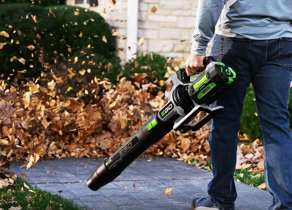 Man clearing fallen leaves from a paved path with the EGO LB8803-2 cordless leaf blower