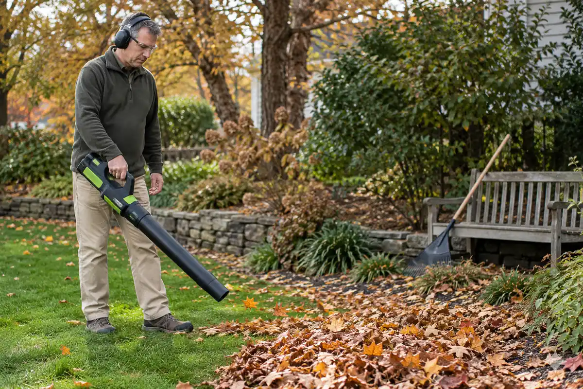 Homeowner directing a cordless leaf blower toward the edge of an autumn leaf pile, with a rake leaning against a nearby bench.
