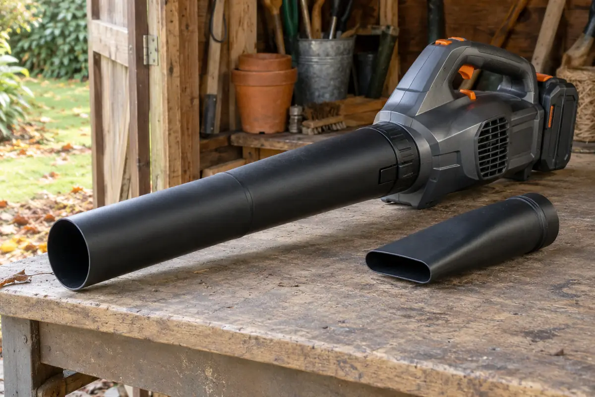 Cordless leaf blower with its round outlet installed and a tapered nozzle attachment beside it.