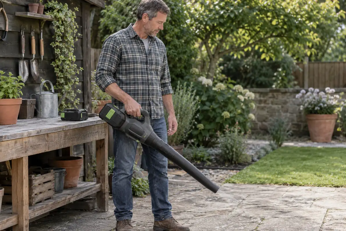 Homeowner assessing a battery-equipped leaf blower with a spare battery on a nearby workbench.