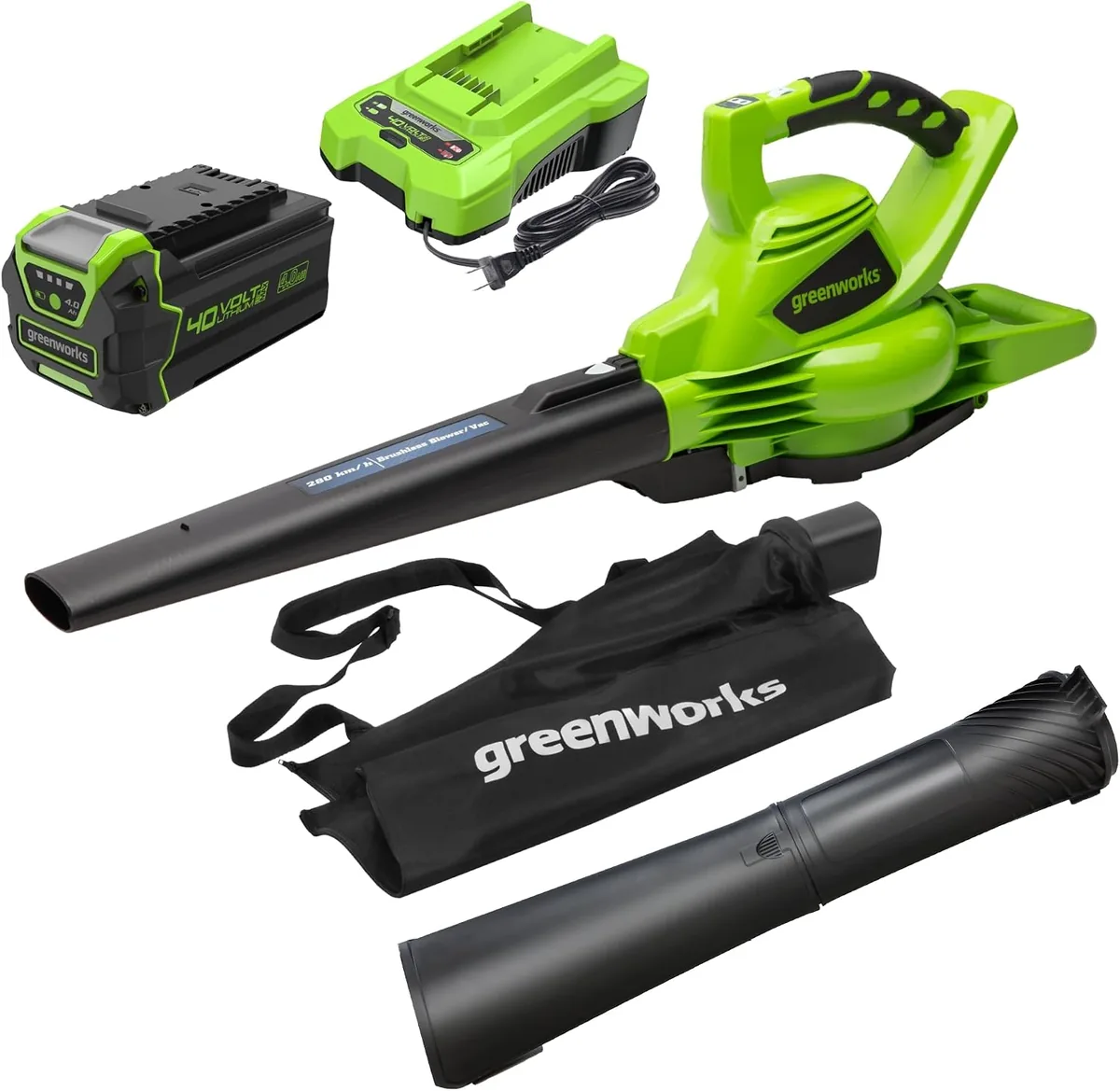 Greenworks 24322 40V cordless blower vacuum with battery, charger, collection bag and nozzle