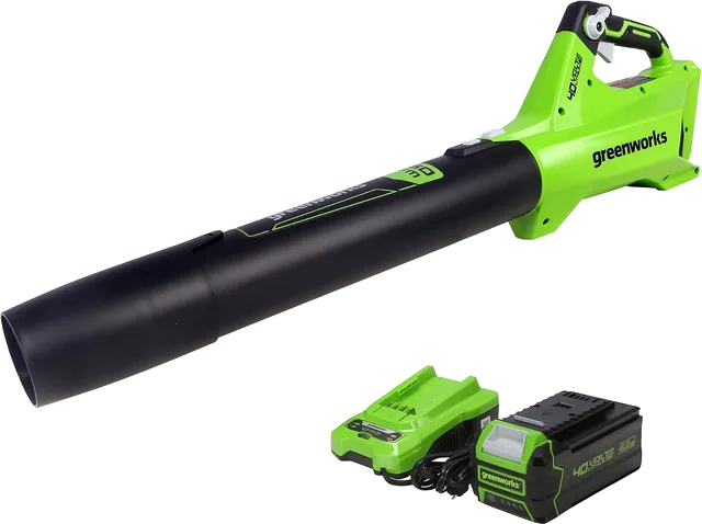 Greenworks 40V 450 CFM leaf blower in green and black with its 4.0 Ah battery and charger