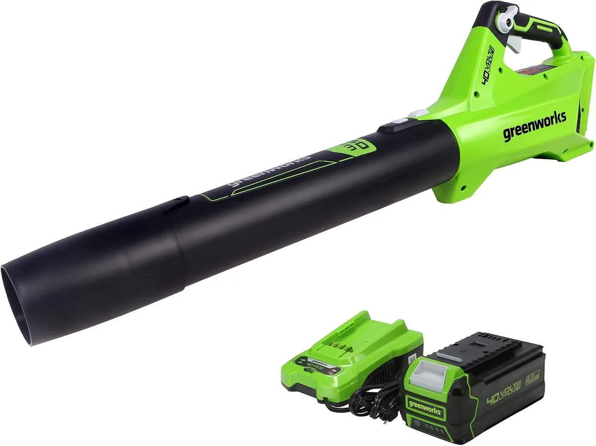 Greenworks 40V 450 CFM leaf blower in green and black with its 4.0 Ah battery and charger