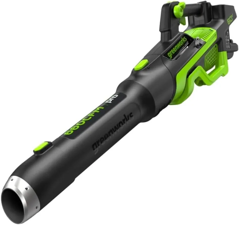 Greenworks 60V 660 CFM brushless leaf blower in black and green with a silver nozzle tip