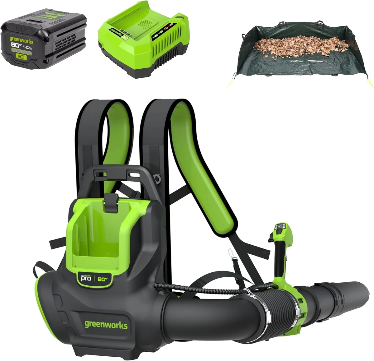 Greenworks 80V 800 CFM backpack blower in black and green with battery, charger and leaf tarp