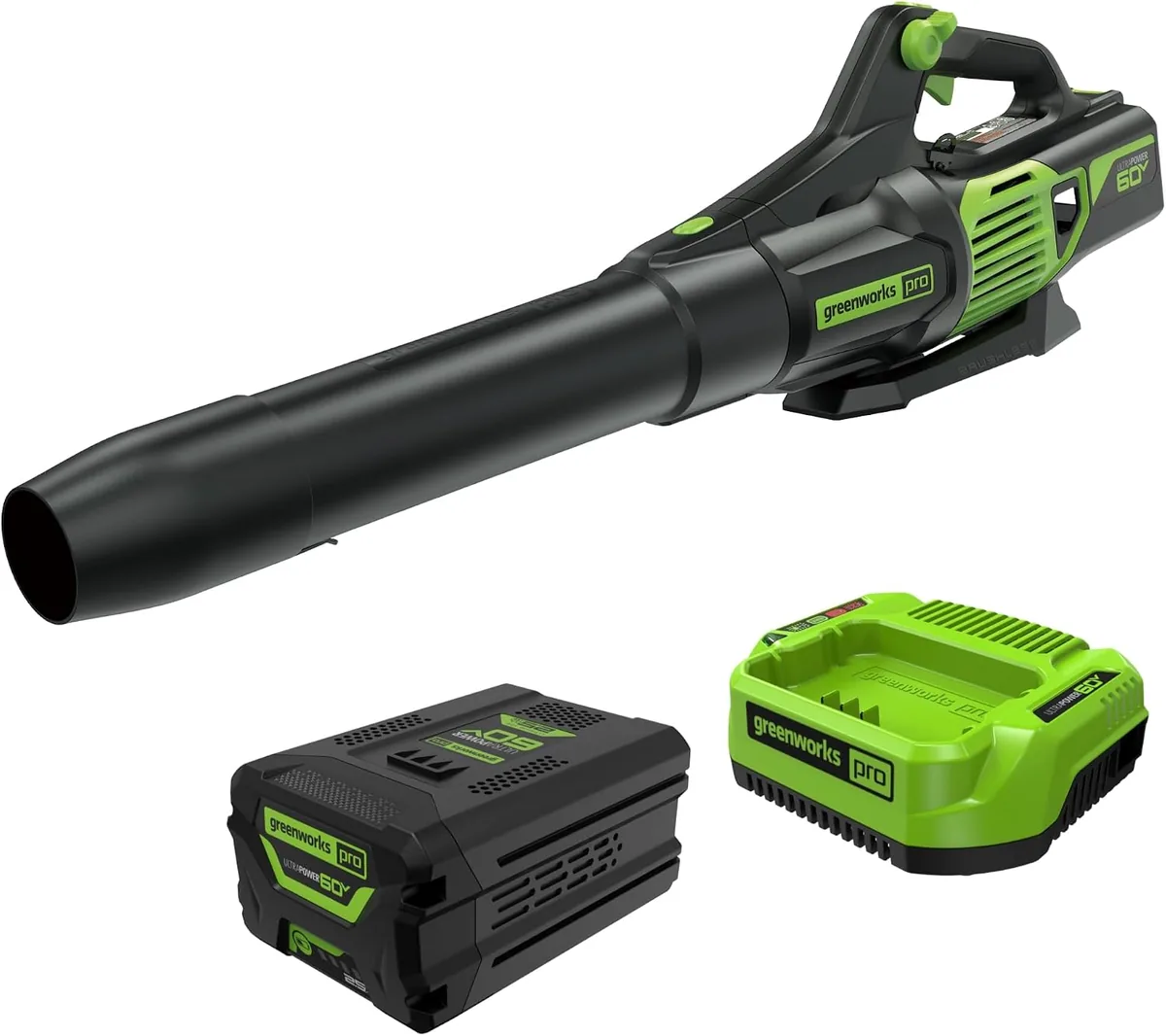 Greenworks 60V BL60L251 leaf blower in black and green with its 60V battery and charger