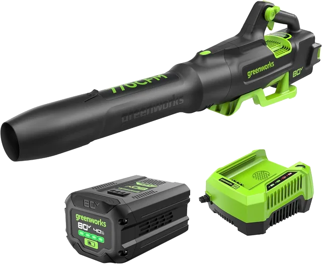 Greenworks 80V 770 CFM cordless leaf blower with 4.0 Ah battery and rapid charger