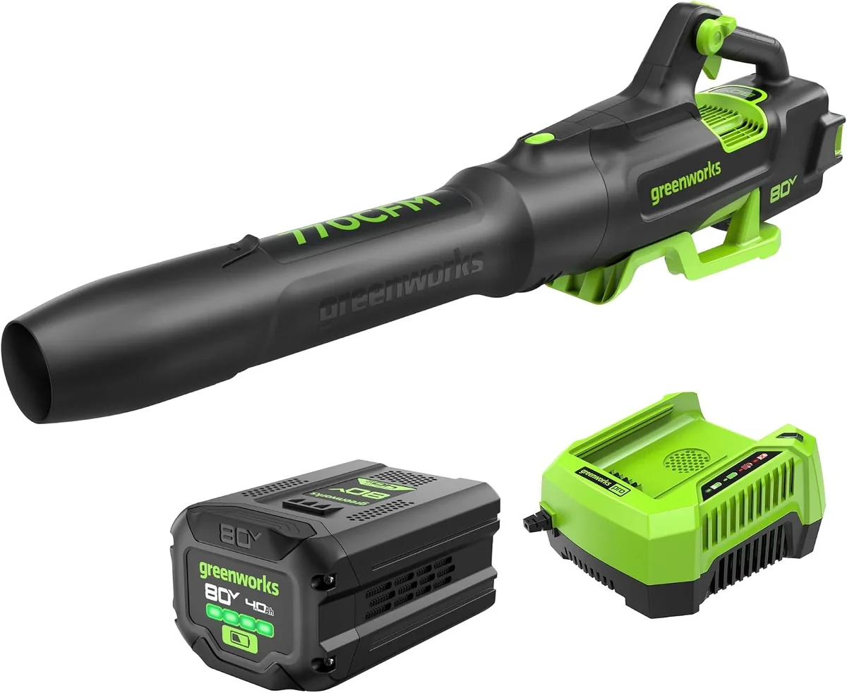 Greenworks 80V 770 CFM cordless leaf blower with 4.0 Ah battery and rapid charger