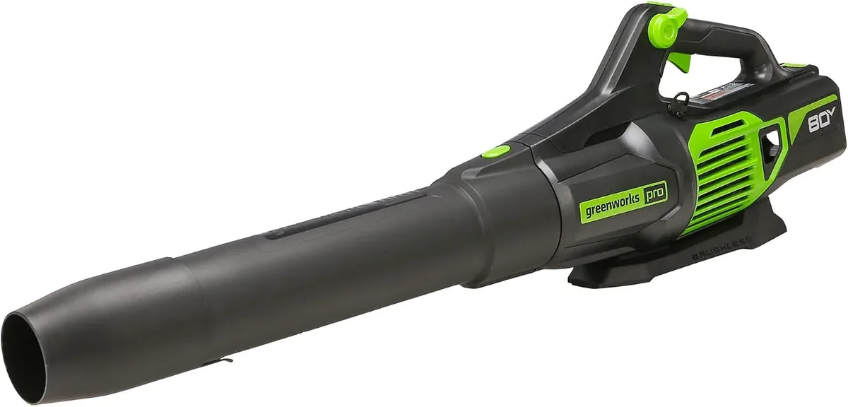 Greenworks 80V BLB489 leaf blower in dark grey with green accents, shown without a battery